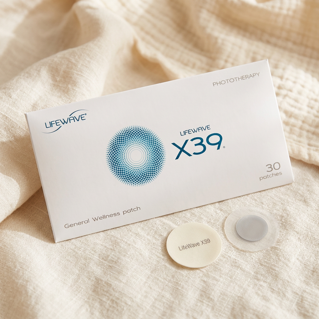 Parche LifeWave X39 de fototerapia sobre lino crema